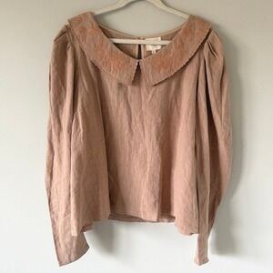 Salt Pink Floral Embroidered Peter Pan Collar Puff Sleeve Blouse XL Cotton/Linen